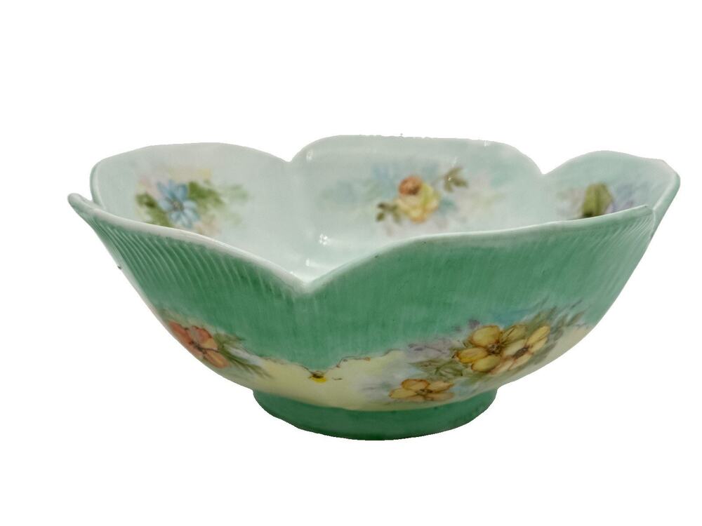 Vintage Hand Painted Floral Porcelain Scalloped Bowl Artist Signed 8 Inch